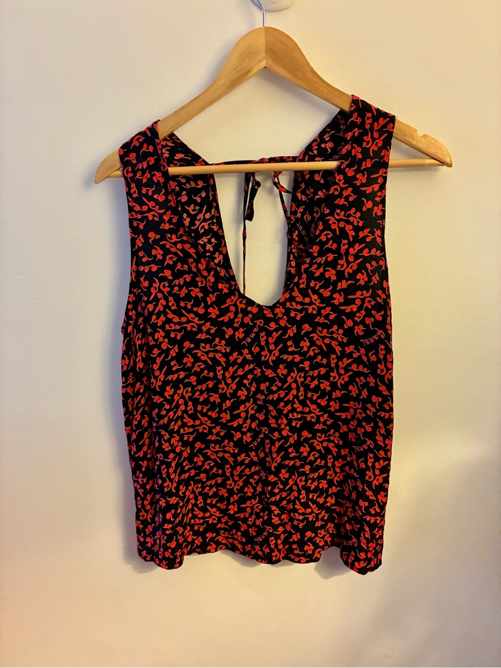 Ganni Black Camisole with Red Floral Print and Back Tie